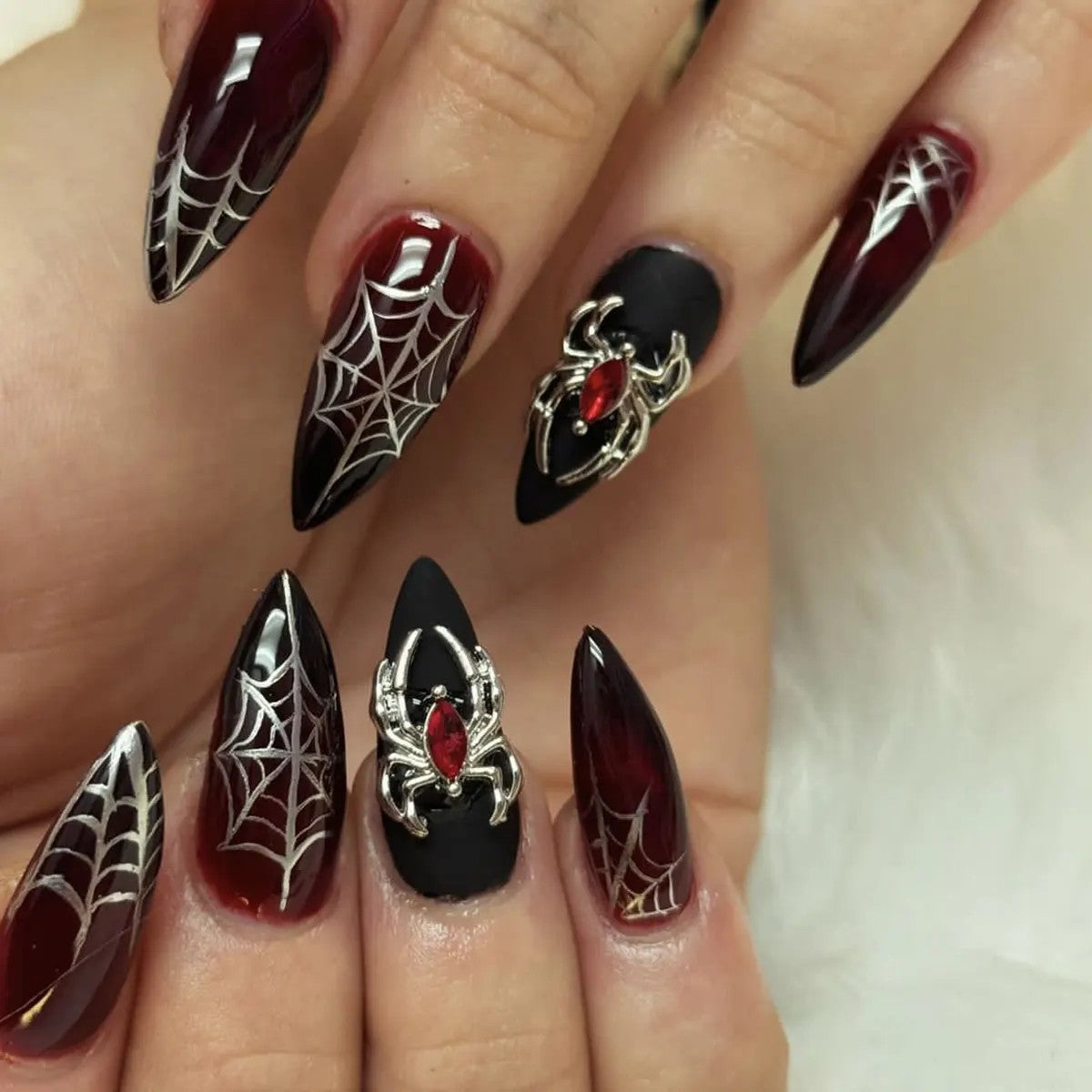 Halloween Press-On Nails: Spider Web & 3D Silver Spiders (Almond, 24 Tips)